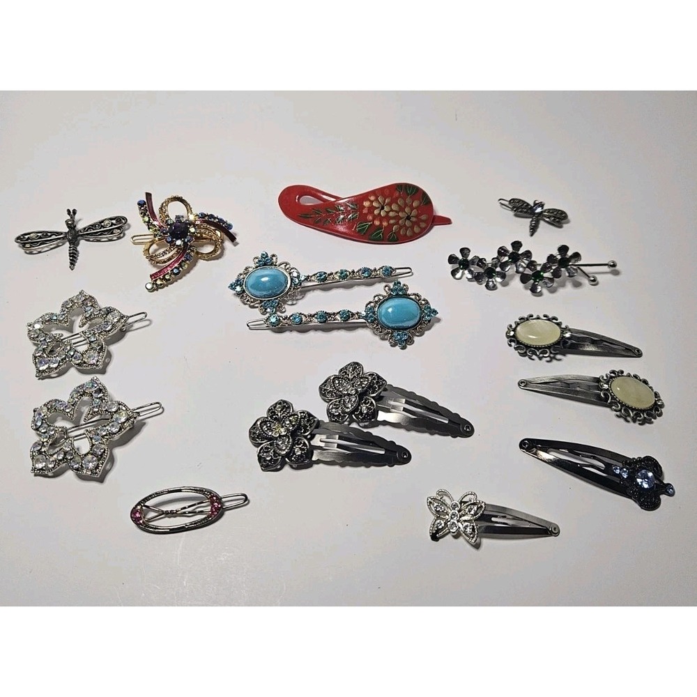 Vintage Hair Barrettes Clips Lot 16pc Rhinestone Faux Turquoise Enamel Shell Set